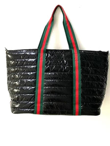 PUFFER TRAVEL TOTE: BLACK RED GREENS STRIPE