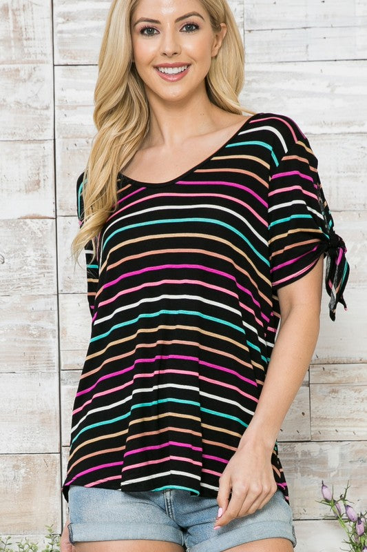 SALE TOP: COLORFUL STRIPES W KNOTTED SLEEVE