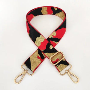 SALE BAG STRAP: CAMO RED BLACK 1/5 NCHES (GOLD OR SILVER HARDWARE)