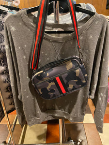 NEOPRENE CROSSBODY BAG: GREY CAMO W ORANGE FUCHSIA STRIPE