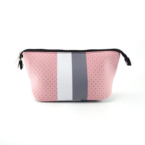 NEOPRENE COSMETIC BAG:: PINK GREYWHITE STRIPE