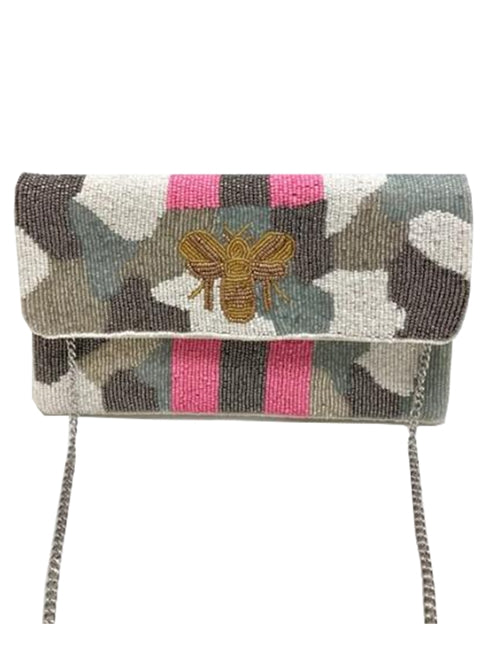 CLUTCH BAG: BEADED CAMO BEE