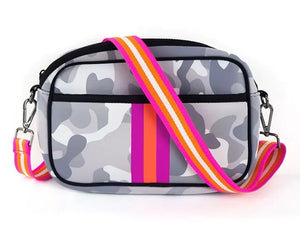 NEOPRENE CROSSBODY BAG: GREY CAMO W ORANGE FUCHSIA STRIPE