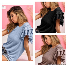 Load image into Gallery viewer, SALE TOP: JERSEY RUFFLED SLEEVE TOP (VINTAGE DENIM BLUE)
