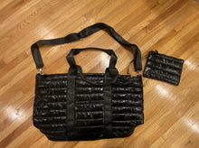 Load image into Gallery viewer, PUFFER TRAVEL TOTE: BLACK RED GREENS STRIPE
