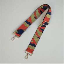 Load image into Gallery viewer, SALE BAG STRAP: CAMO NAVY ORANGE GOLD OR SILVER HARDWARE)
