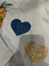 Load image into Gallery viewer, KIDS: BLUE HOODIE G:ITTER HEARTS (SIZE 2)
