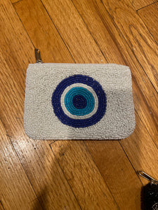 BEADED COIN PURSE: WHITE BLUE EYE