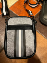 Load image into Gallery viewer, NEOPRENE PHONE BAG: GREY BLACK WHITE STRIPE
