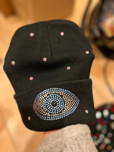 HAT: BLACK EVIL EYE STONES W PEARLS