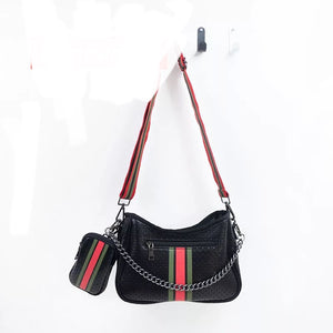 NEOPRENE CROSSBODY W CHAIN: BLACK RED GREEN STRIPE