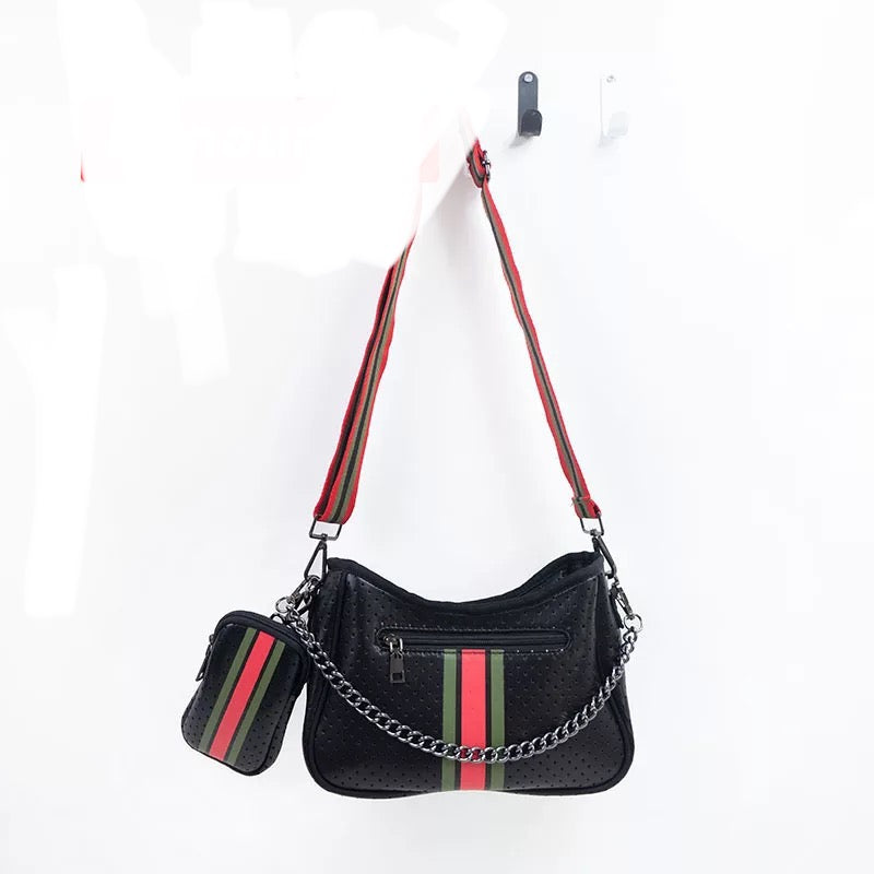 NEOPRENE CROSSBODY W CHAIN: BLACK RED GREEN STRIPE