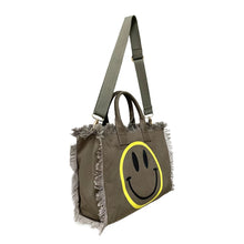 Load image into Gallery viewer, CANVAS FRINGE TOTE MINI: SMILE BROWN w YELLOW WHITE
