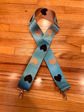 Load image into Gallery viewer, SALE BAG STRAP: HEARTS TEAL BLACK (GOLD OR SILVER HARDWARE)

