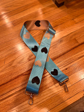 Load image into Gallery viewer, SALE BAG STRAP: HEARTS TEAL BLACK (GOLD OR SILVER HARDWARE)
