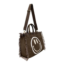Load image into Gallery viewer, CANVAS FRINGE TOTE MINI: SMILE BROWN WHITE W SCARF

