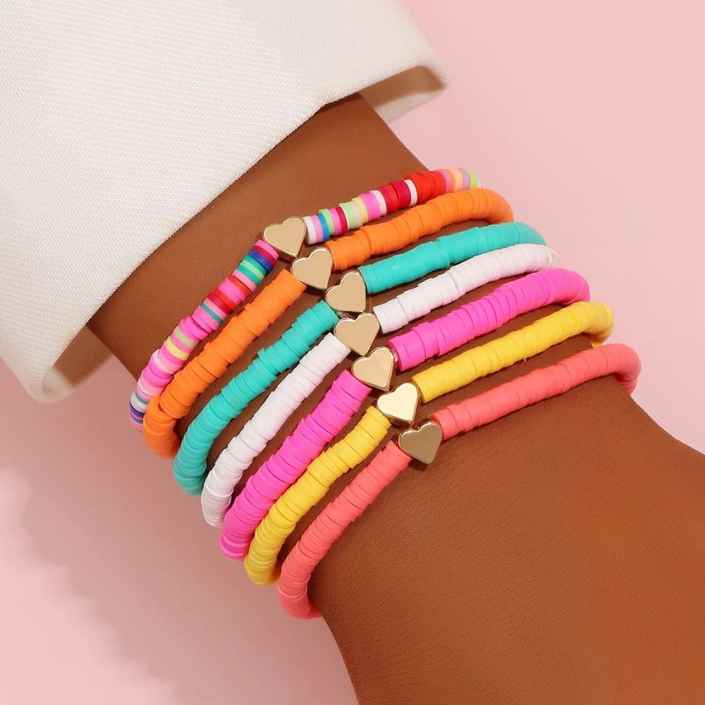 BRACELETS: BEADED POLYMER STACK  (NEON W HEART)