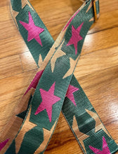 Load image into Gallery viewer, SALE BAG STRAP: GREEN PURPLE GOLD STARS  (GOLD OR SILVER HARDWARE)
