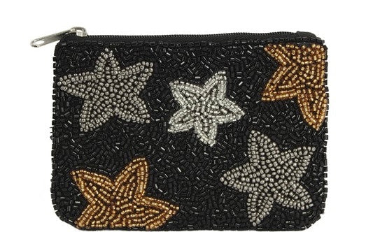 Black and Gold Star Beaded Coin Purse