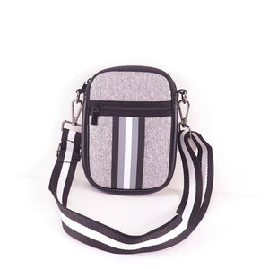 NEOPRENE PHONE BAG: GREY BLACK WHITE STRIPE