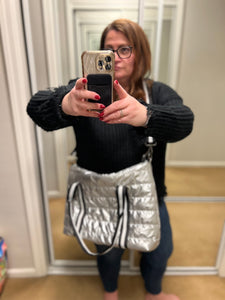 PUFFER TRAVEL TOTE MEDIUM: SILVER W WHITE BLACK STRAP