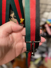 Load image into Gallery viewer, BAG STRAP: STRIPE RED GREEN 2 INCHES (SILVER OR GOLD HARDWARE)
