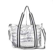 Load image into Gallery viewer, PUFFER TRAVEL TOTE MEDIUM: SILVER W WHITE BLACK STRAP
