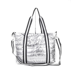 PUFFER TRAVEL TOTE MEDIUM: SILVER W WHITE BLACK STRAP