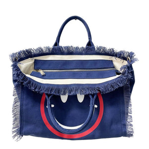 CANVAS FRINGE TOTE MINI: SMILE BROWN w YELLOW WHITE