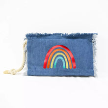 Load image into Gallery viewer, SALE CANVAS FRINGE CLUTCH: DENIM RAINBOWS
