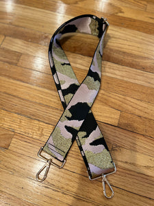 BAG STRAP: CAMO PINK BLACK SHEEN  (GOLD AND SILVER HARDWARE)