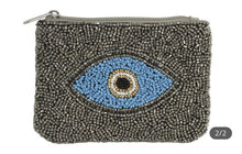 Load image into Gallery viewer, BEADED COIN PURSE: EVIL EYE SILVER BLUE
