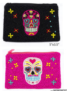 BEADED COIN PURSE: SKULL (BLACK OR PINK)