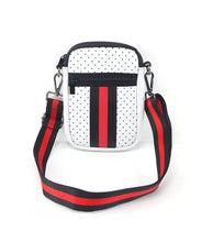 Load image into Gallery viewer, NEOPRENE PHONE BAG: WHITE BLACK RED STRIPE
