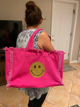 Load image into Gallery viewer, FINAL SALE BAG: CANVAS FRINGE TOTE LARGE (SMILE RAINBOW SEQUIN)
