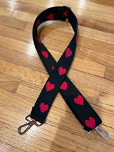 Load image into Gallery viewer, SALE BAG STRAP: HEARTS BLACK RED 1.5 INCHES (GOLD AND SILVER HARDWARE)
