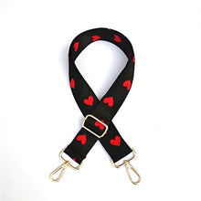 Load image into Gallery viewer, SALE BAG STRAP: HEARTS BLACK RED 1.5 INCHES (GOLD AND SILVER HARDWARE)
