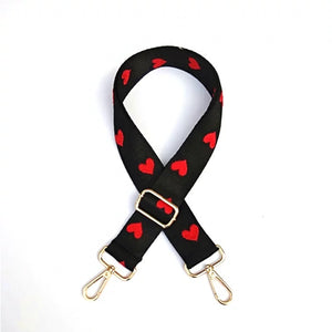 SALE BAG STRAP: HEARTS BLACK RED 1.5 INCHES (GOLD AND SILVER HARDWARE)