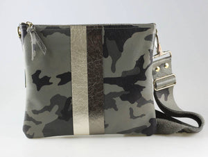 GENUINE LEATHER BAG: TAYLOR CROSSBODY GRANITE CAMO WITH PEWTER STRIPE