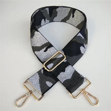 Load image into Gallery viewer, BAG STRAP: CAMO SILVER BLACK SHEEN (GOLD OR SILVER HARDWARE 2 INCH WIDE))
