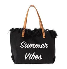 Load image into Gallery viewer, CANVAS FRINGE TOTE: SUMMER VIBES (BLACK)

