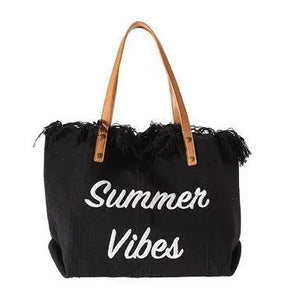 CANVAS FRINGE TOTE: SUMMER VIBES (BLACK)