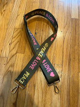 Load image into Gallery viewer, BAG STRAP: DESIGN PEACE LOVE GREEN PINK  (GOLD OR SILVER HARDWARE)
