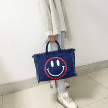 Load image into Gallery viewer, CANVAS FRINGE TOTE MINI: SMILE BLUE RED
