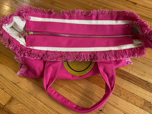CANVAS FRINGE TOTE LARGE: STONES SMILE FUCHSIA
