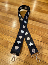 Load image into Gallery viewer, SALE BAG STRAP: HEARTS WHITE &amp; GOLD (GOLD OR SILVER HARDWARE)
