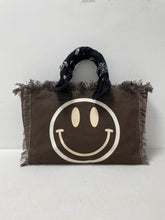 Load image into Gallery viewer, CANVAS FRINGE TOTE MINI: SMILE BROWN WHITE W SCARF

