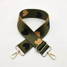 Load image into Gallery viewer, BAG STRAP: HEARTS  GREEN BLACK (GOLD OR SILVER HARDWARE)
