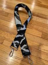 Load image into Gallery viewer, BAG STRAP: CAMO SILVER BLACK SHEEN  (GOLD OR SILVER HARDWARE 1.5 INCH WIDTH))
