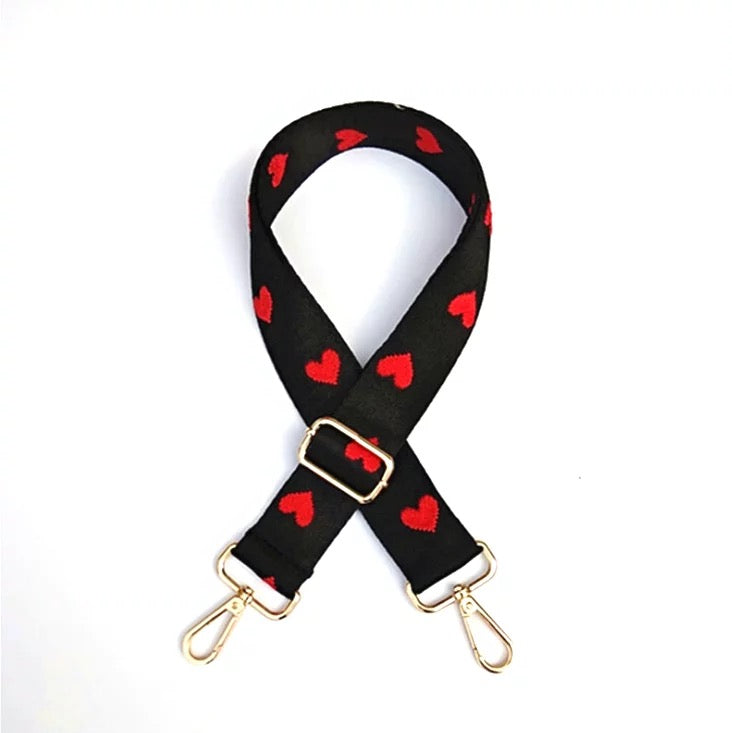 BAG STRAP: HEARTS RED BLACK 2 INCHES(SILVER HARDWARE)